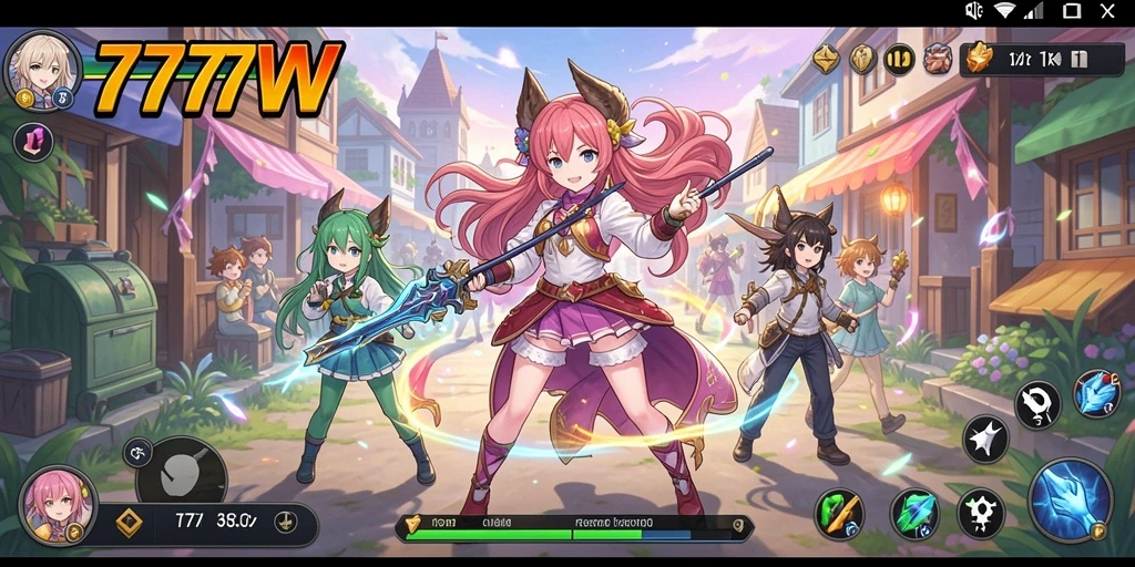 Screenshot utama 7777W menampilkan aksi seru karakter anime.