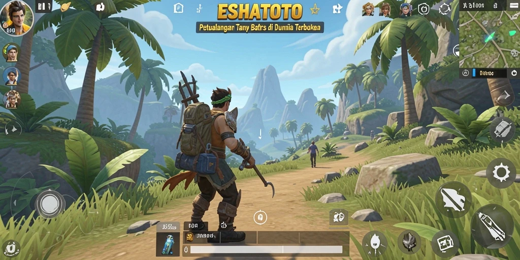 Tampilan gameplay ESHATOTO di dunia terbuka yang luas dan indah.