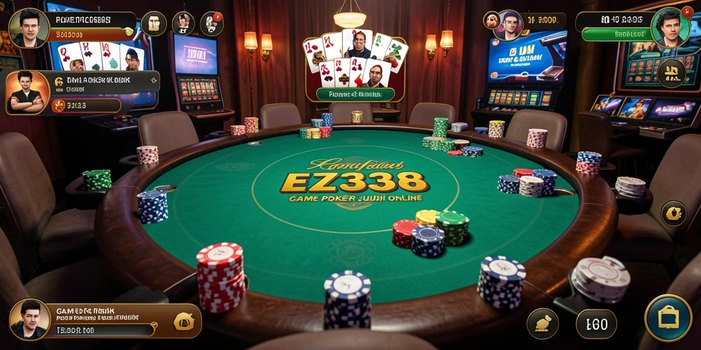 Screenshot utama EZ338 menampilkan momen seru permainan poker.