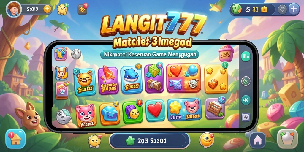 Screenshot menunjukkan gameplay seru LANGIT777 dengan pencocokan item Match-3.